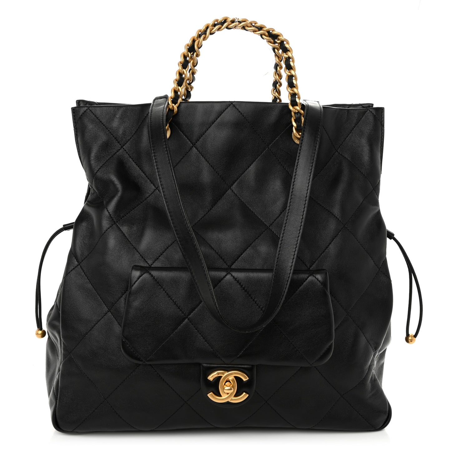 Shiny Lambskin Quilted Shopping Bag Black