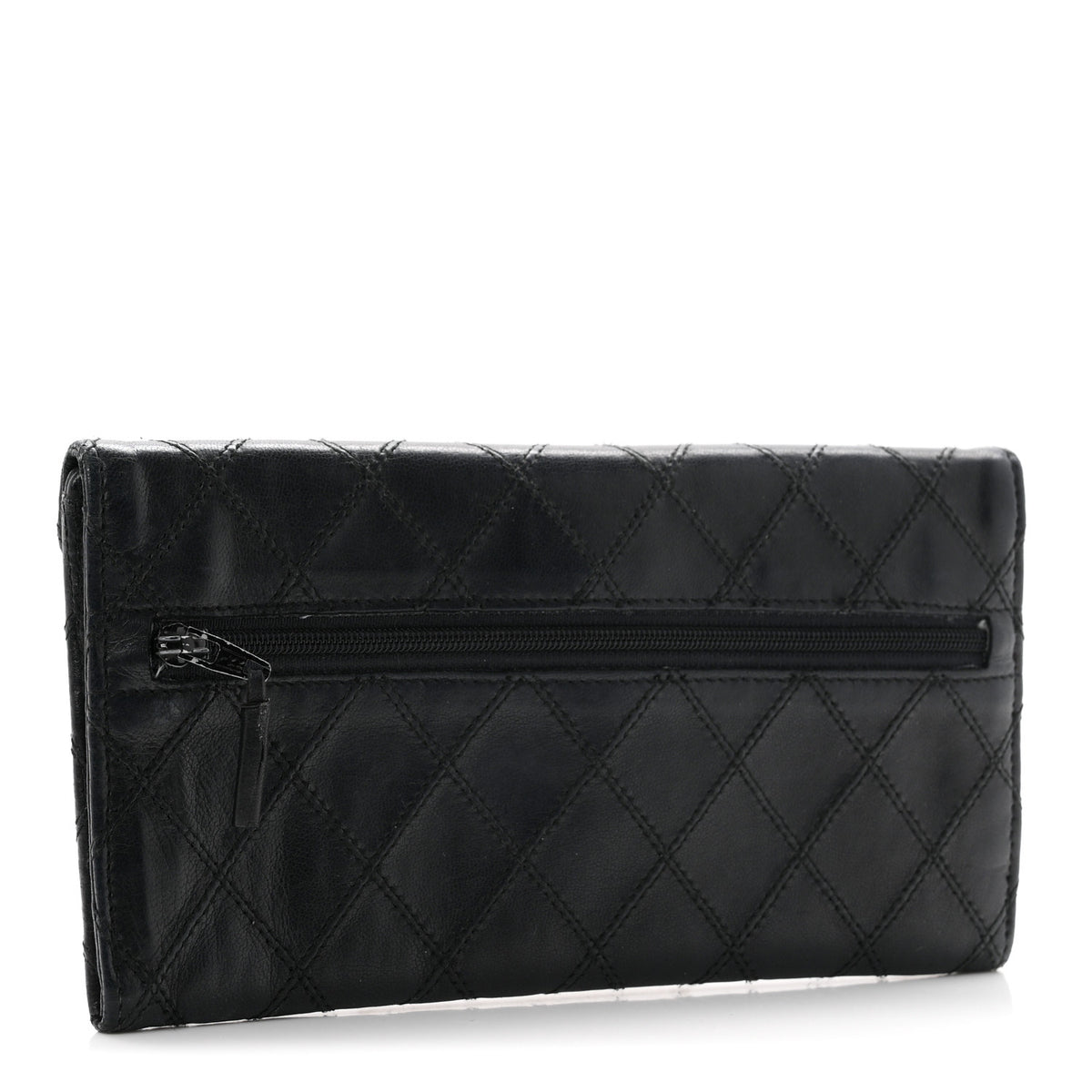 Lambskin Diamond Stitched Envelope Long Flap Wallet Black
