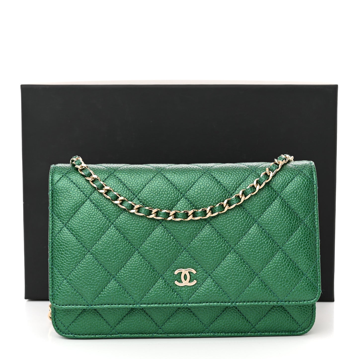 Metallic Caviar Quilted Wallet On Chain WOC Green