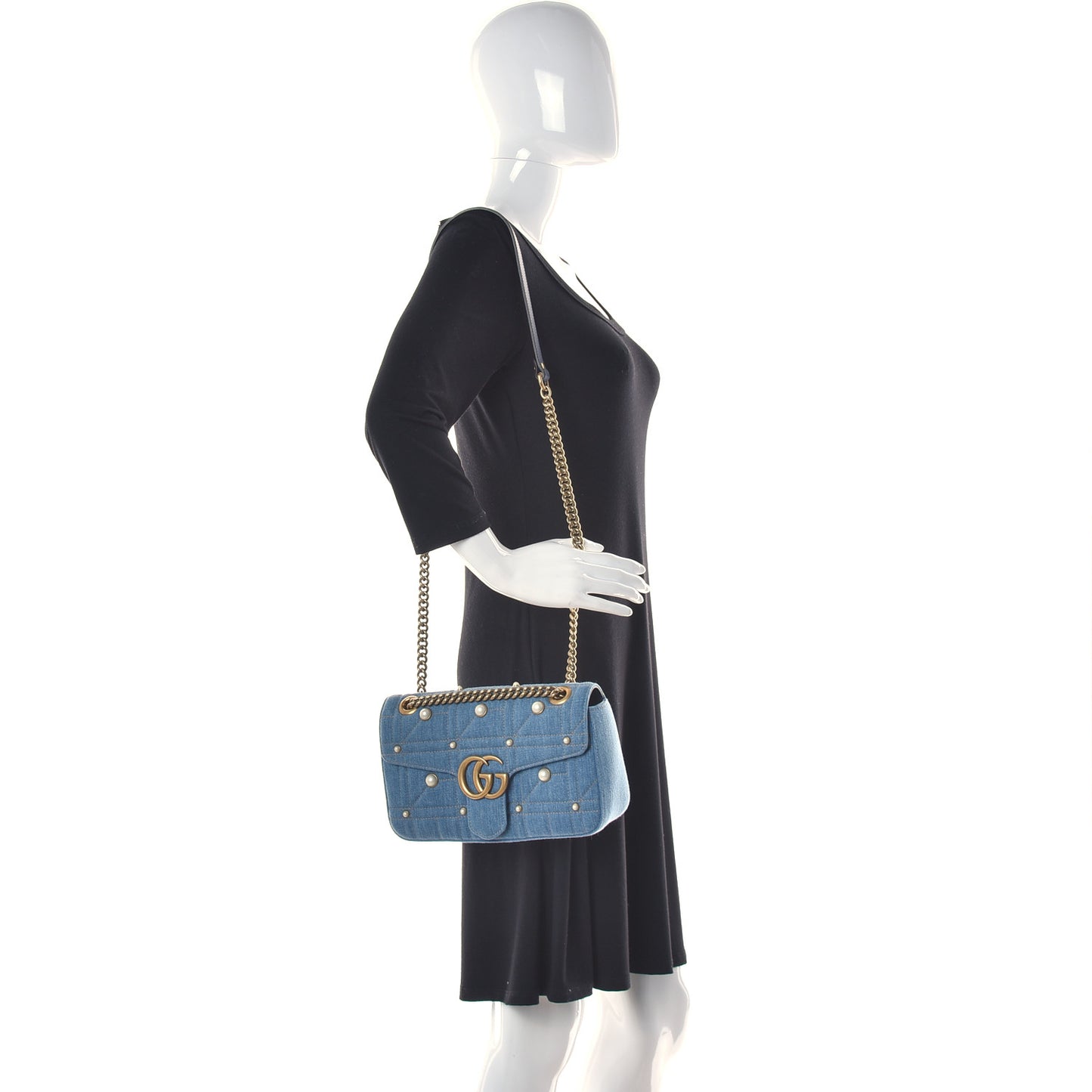 Denim Matelasse Pearl Studded Small GG Marmont Shoulder Bag Blue