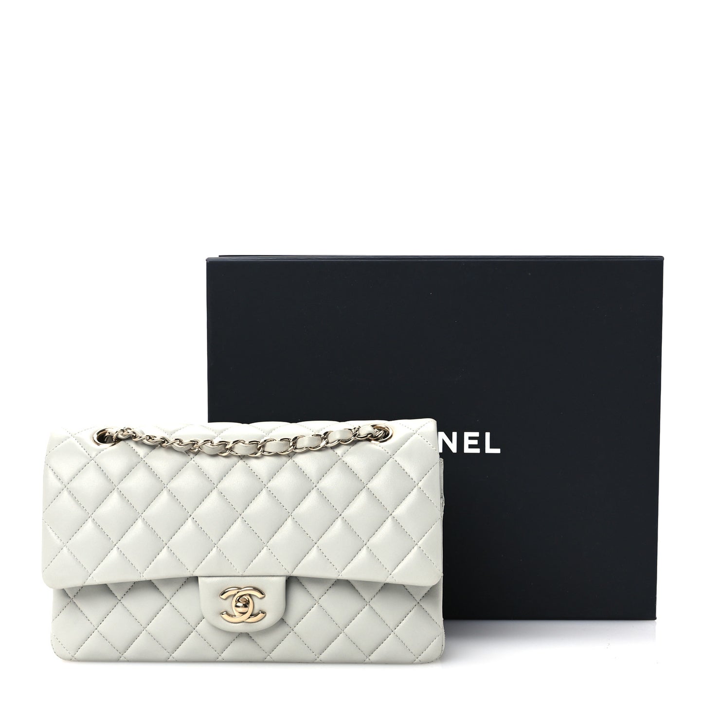 Lambskin Quilted Medium Double Flap Light Grey