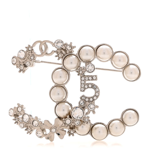 Crystal Pearl CC Star Coco Flapper Brooch Silver