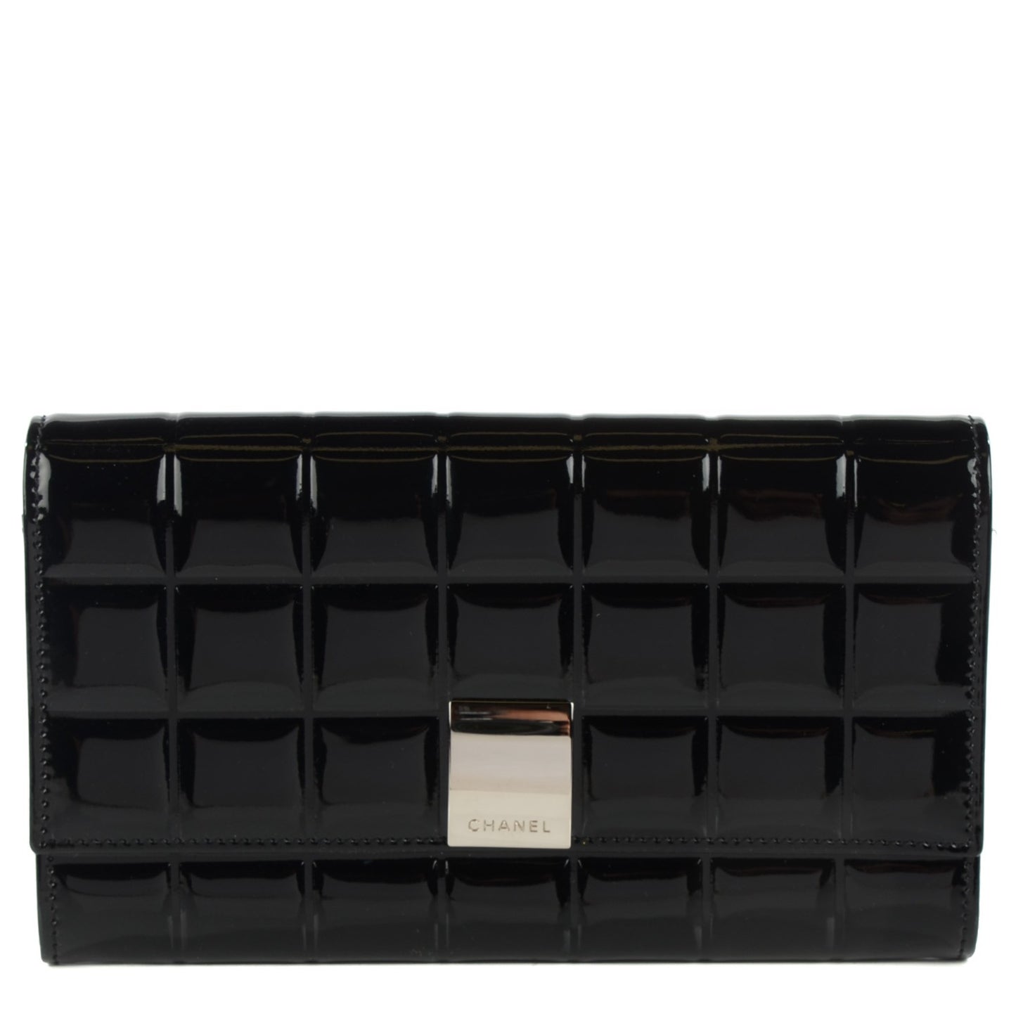 Patent Chocolate Bar Quilted Long Wallet Black