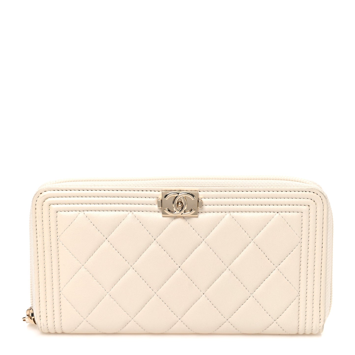 Metallic Lambskin Quilted Boy Zip Around Wallet  Ivory