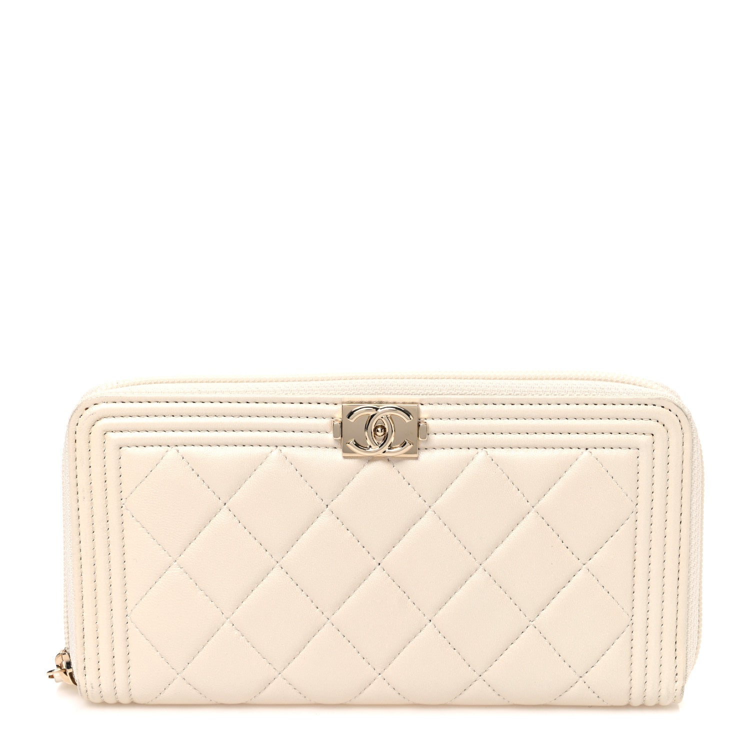 Chanel Metallic Lambskin Quilted Boy Zip Around Wallet  Ivory 1 of 8