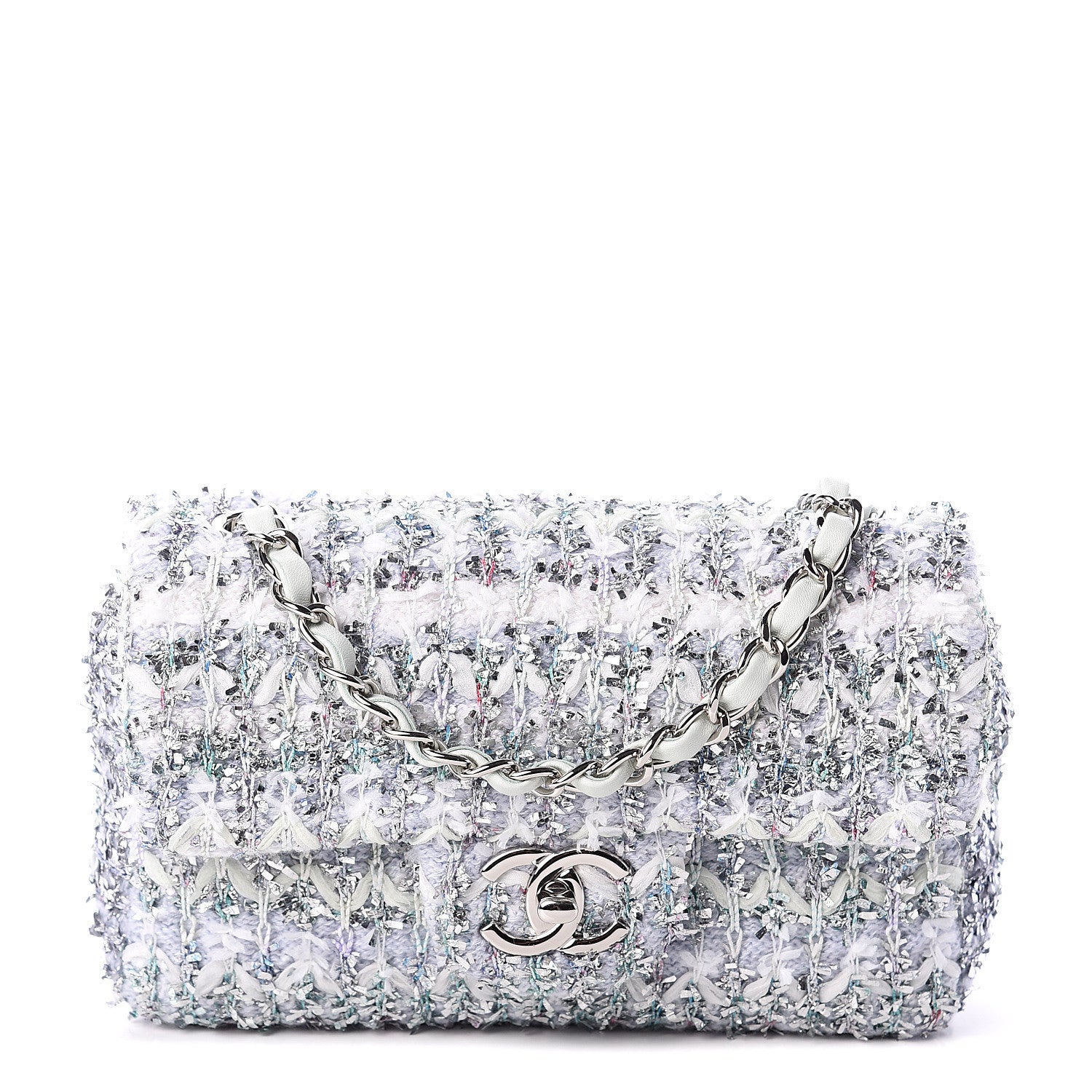 Chanel Tweed Quilted Mini Rectangular Flap Light Green Silver White 1 of 8