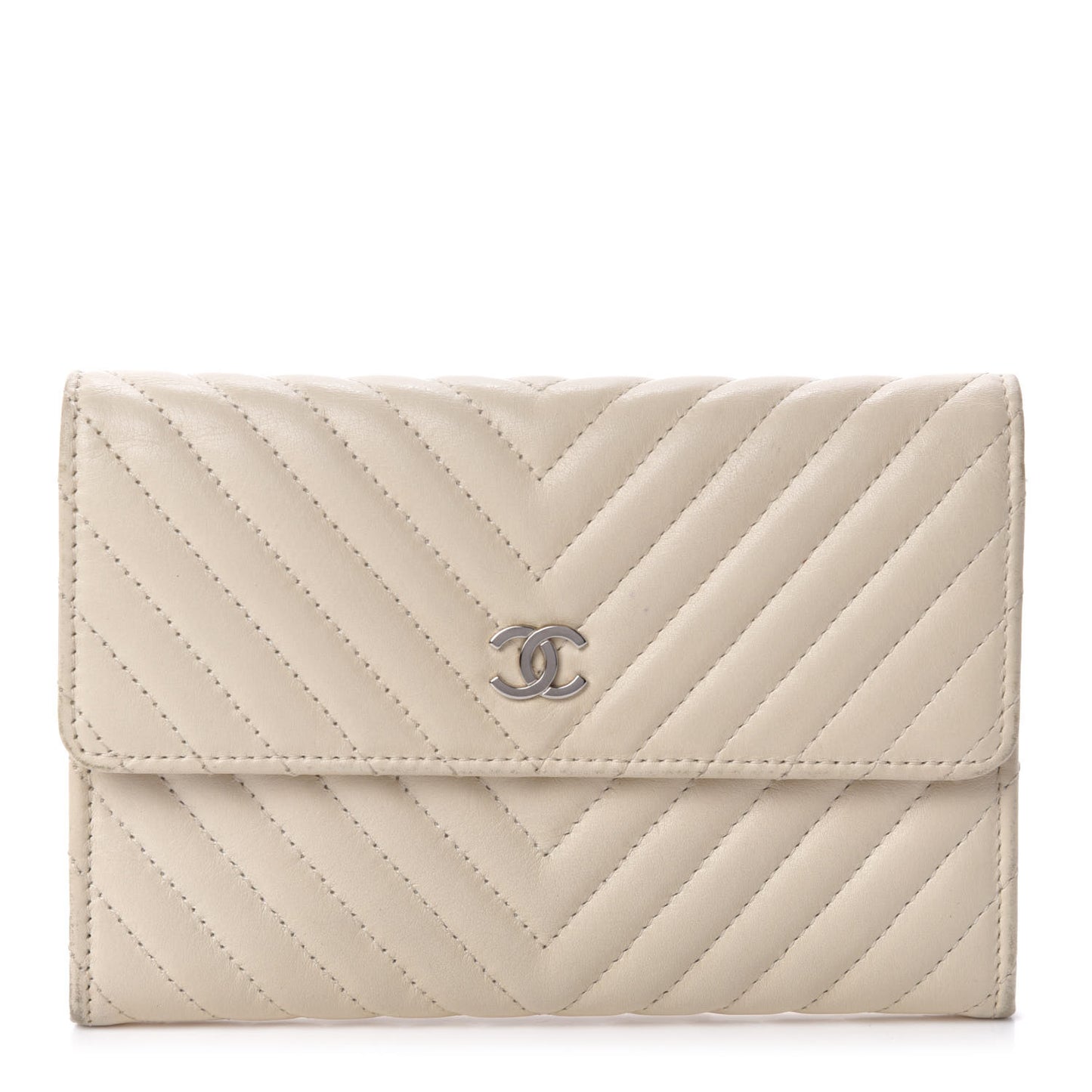 Calfskin Chevron Quilted Flap Wallet Light Beige