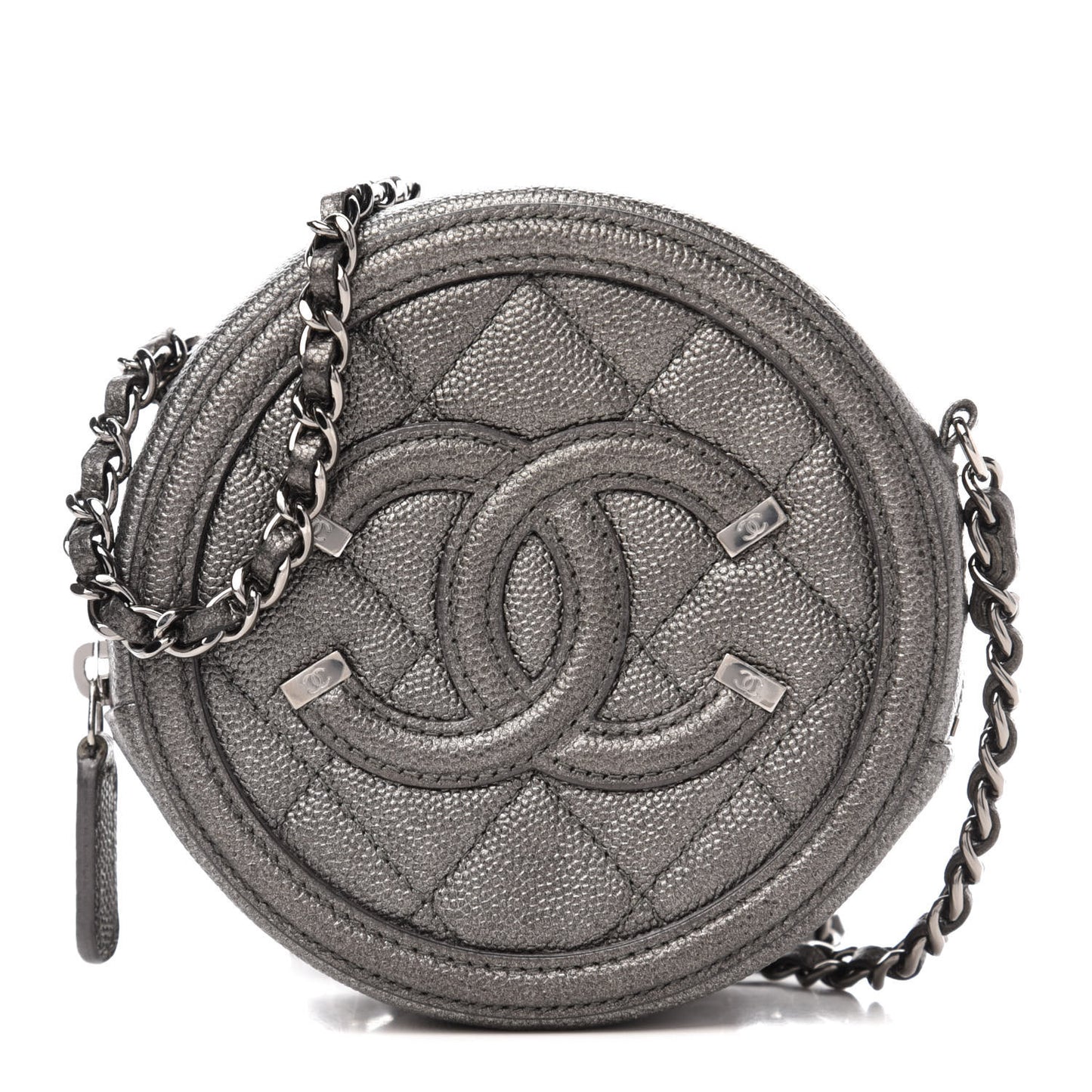 Metallic Caviar Quilted Round Filigree Crossbody Dark Silver