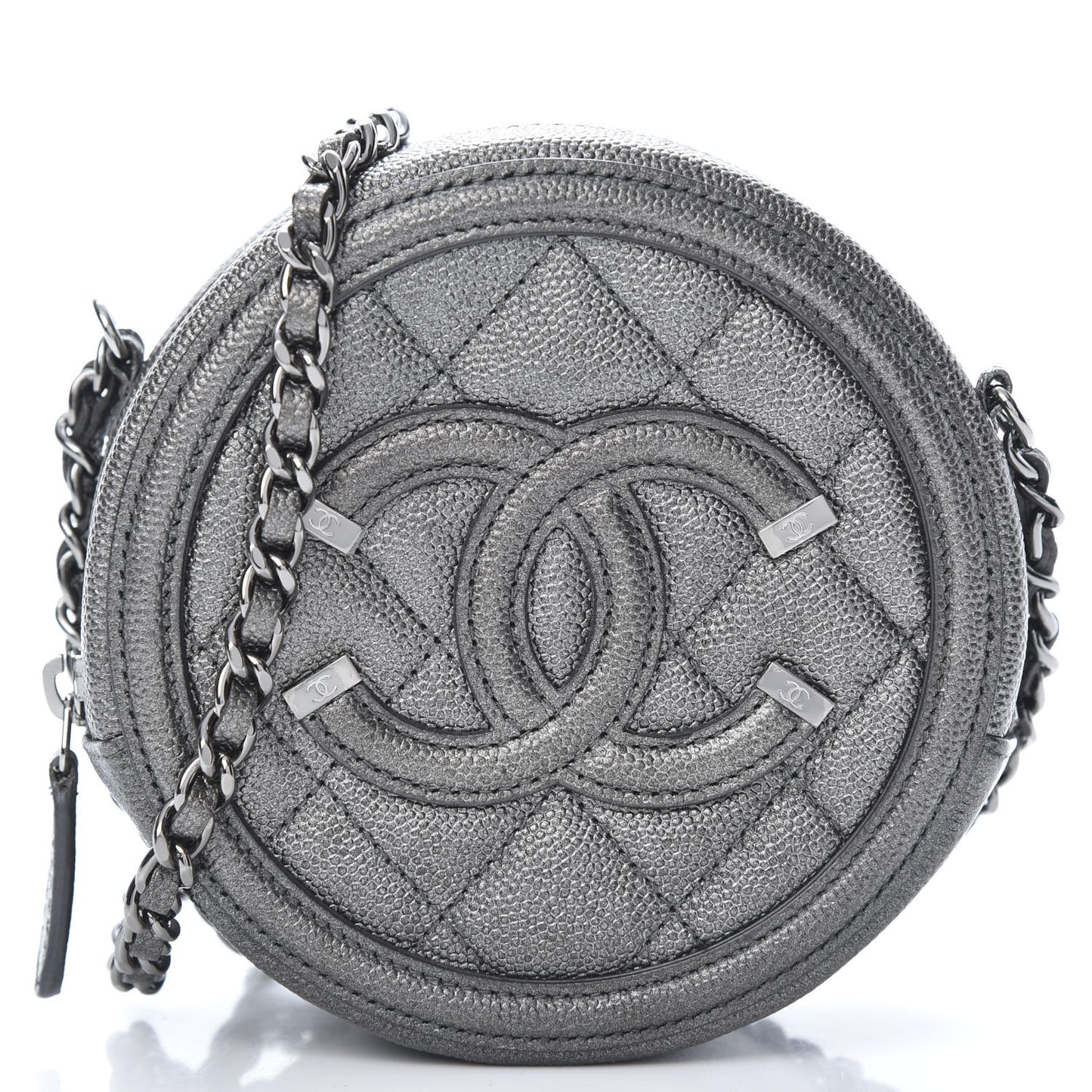 Metallic Caviar Quilted Round Filigree Crossbody Dark Silver