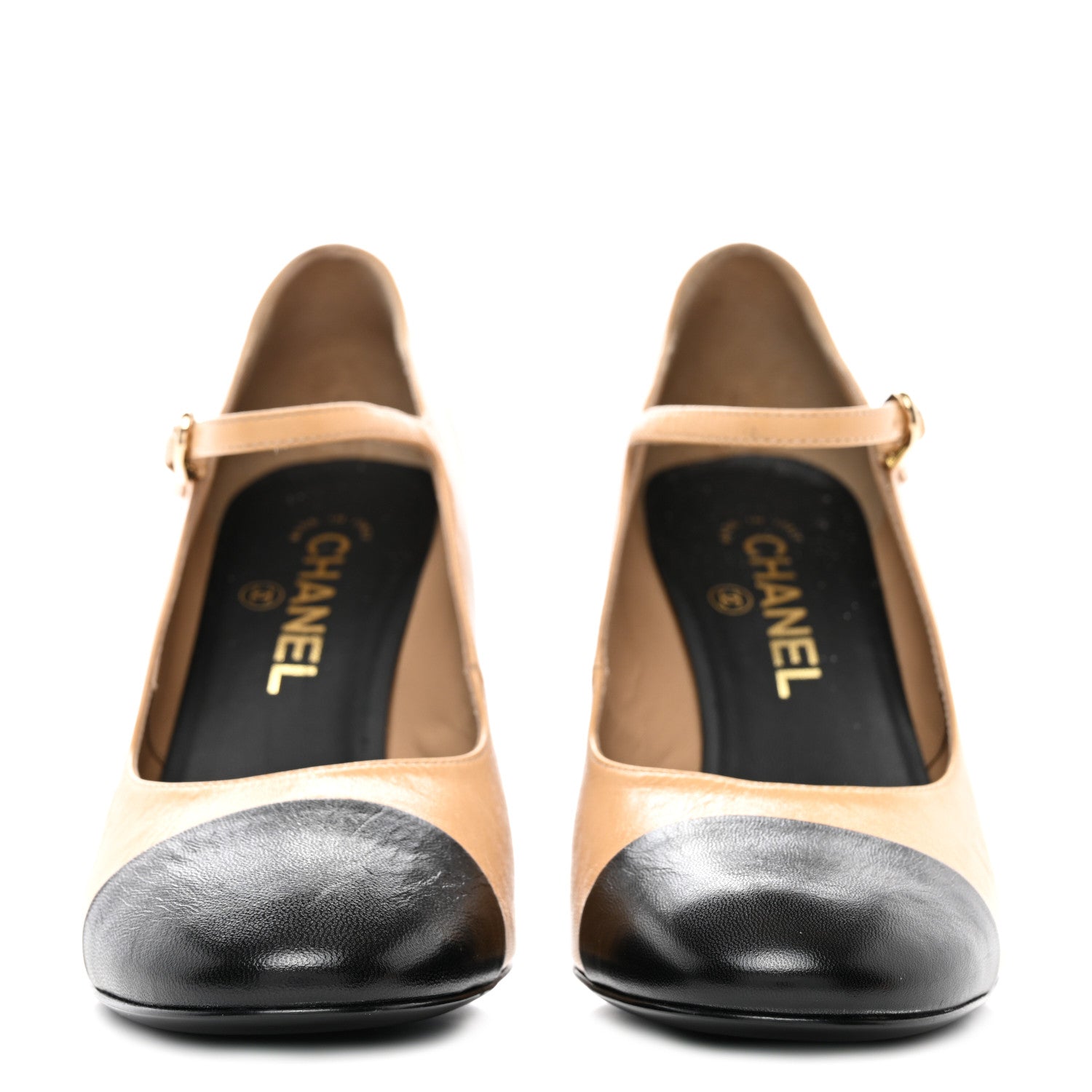 Chanel Shiny Goatskin Pearls Cap Toe Open Slingback Pumps 39 Beige Black 2 of 9