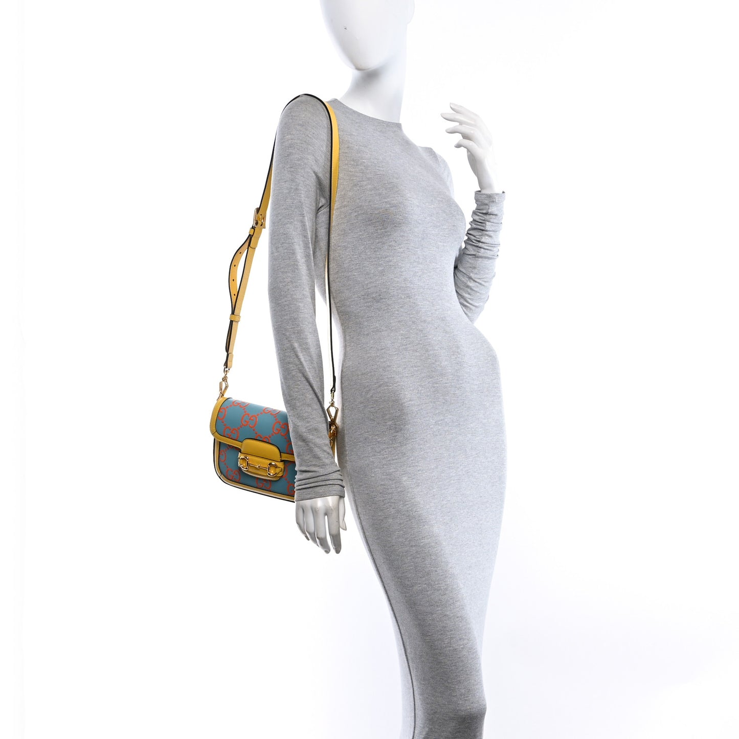 Azalea Calfskin GG Monogram Bi-Color Debossed Mini Horsebit 1955 Shoulder Bag Dusty Azure Stone Topaz Deep Orange