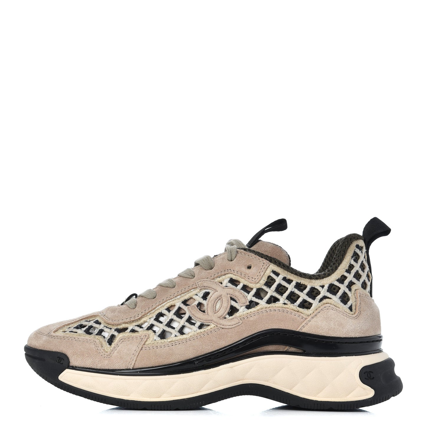 Suede Calfskin Embroidered CC Sneakers 36 Beige Black