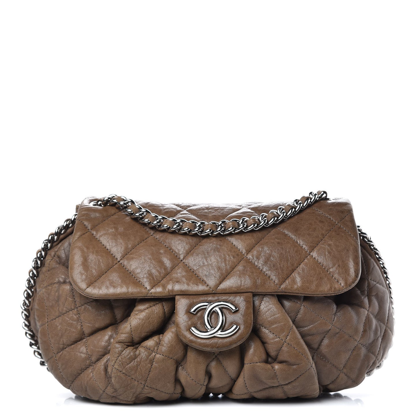 Washed Lambskin Quilted Medium Chain Around Flap Khaki