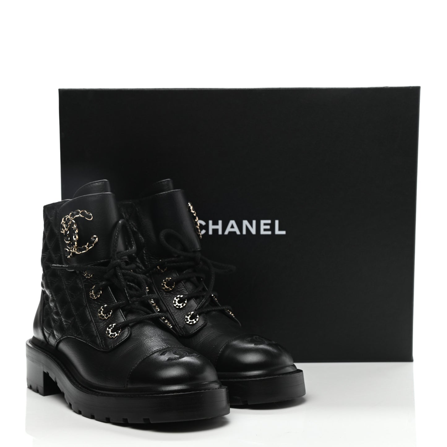 Shiny Lambskin Quilted Lace Up Combat Boots 37.5 Black