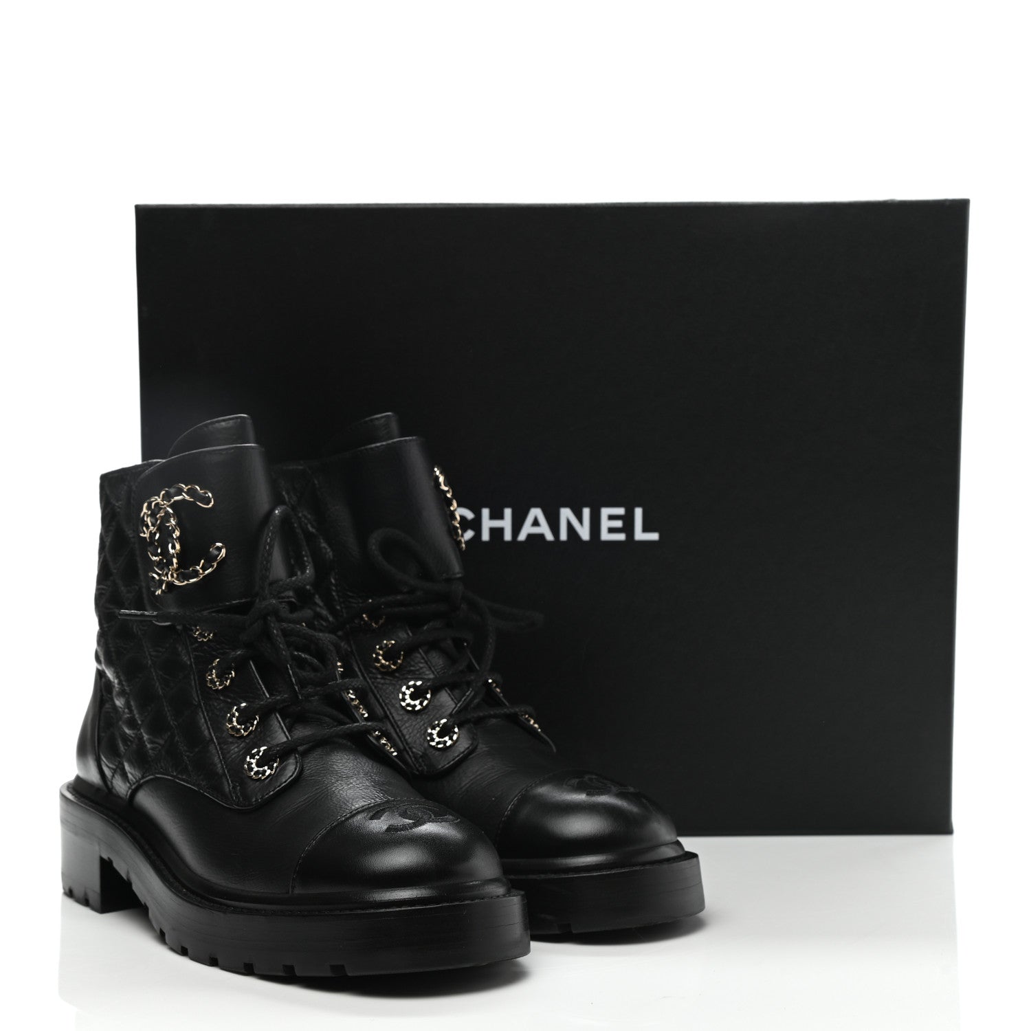 Chanel Shiny Lambskin Quilted Lace Up Combat Boots 37.5 Black 9 of 9