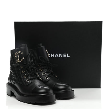 Chanel Shiny Lambskin Quilted Lace Up Combat Boots 37.5 Black 9 of 9