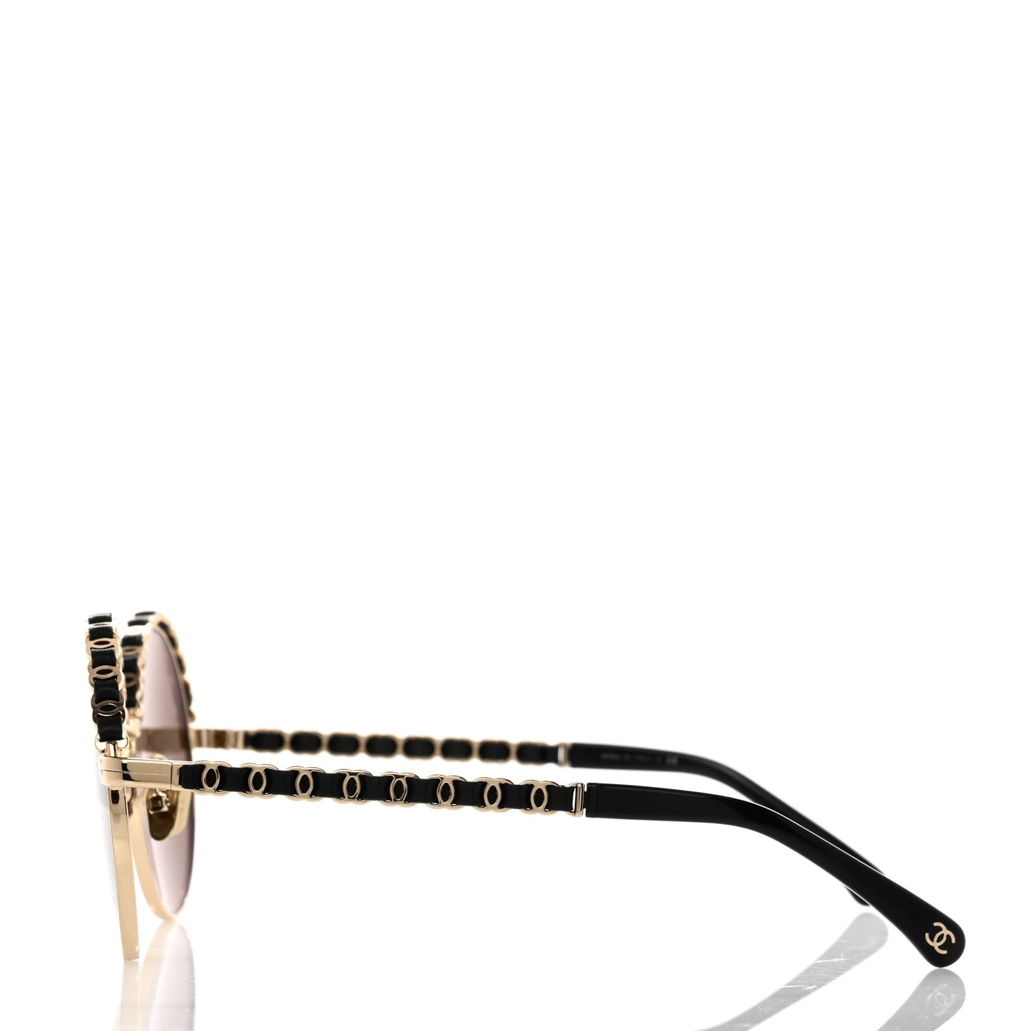 Metal Calfskin Round Chain Sunglasses Black