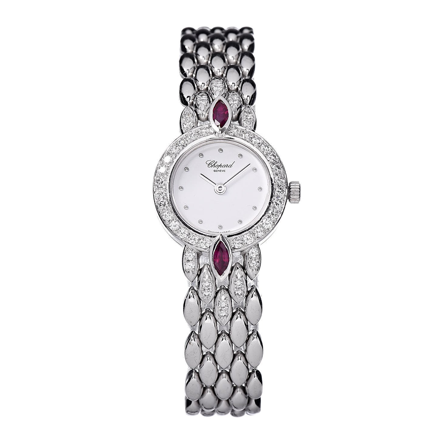 18K White Gold Diamond Bezel Ruby 19mm Happy Diamonds Quartz Watch
