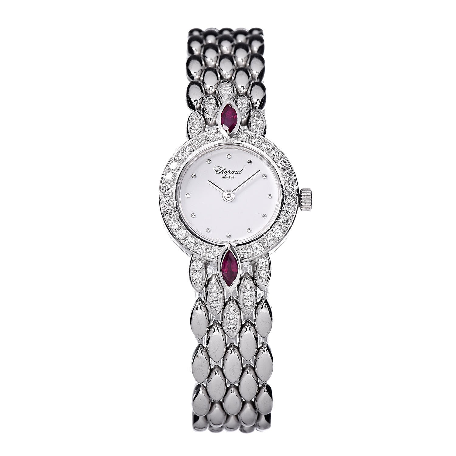 Chopard 18K White Gold Diamond Bezel Ruby 19mm Happy Diamonds Quartz Watch 1 of 6