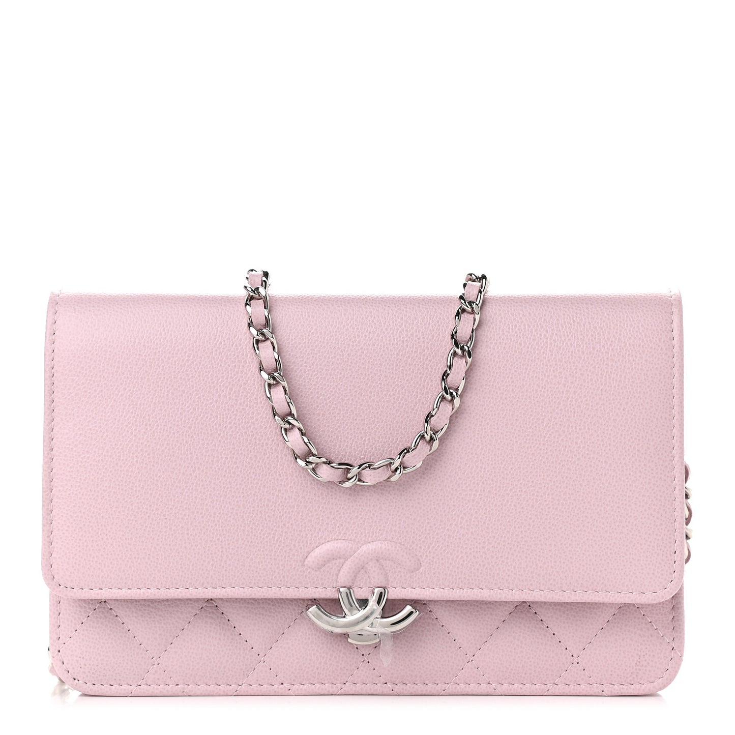 Grained Calfskin Quilted CC Box Wallet On Chain WOC Light Pink