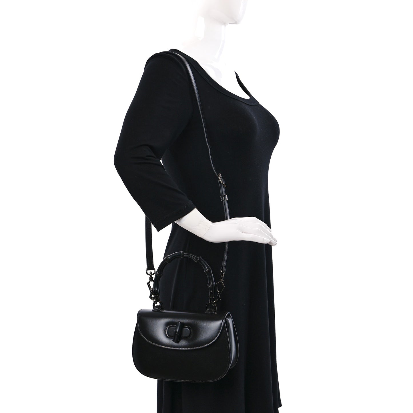 Boarded Dyana Lux Calfskin Web Monochrome Small Bamboo 1947 Top Handle Bag Black