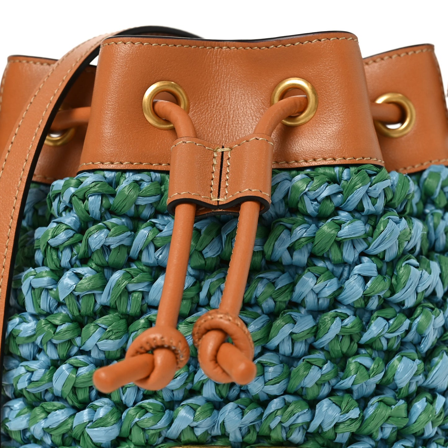 Raffia Crochet Nappa Mini Vlogo Bucket Bag Brown Blue