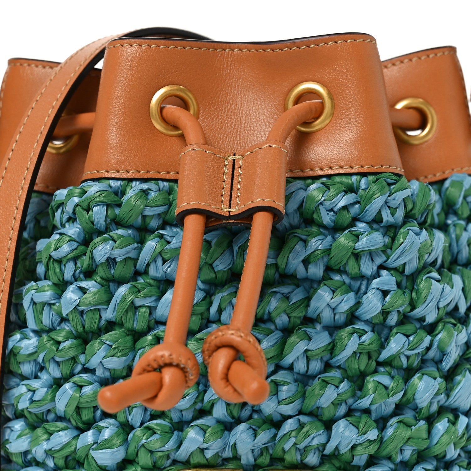 Valentino Garavani Raffia Crochet Nappa Mini Vlogo Bucket Bag Brown Blue 6 of 8