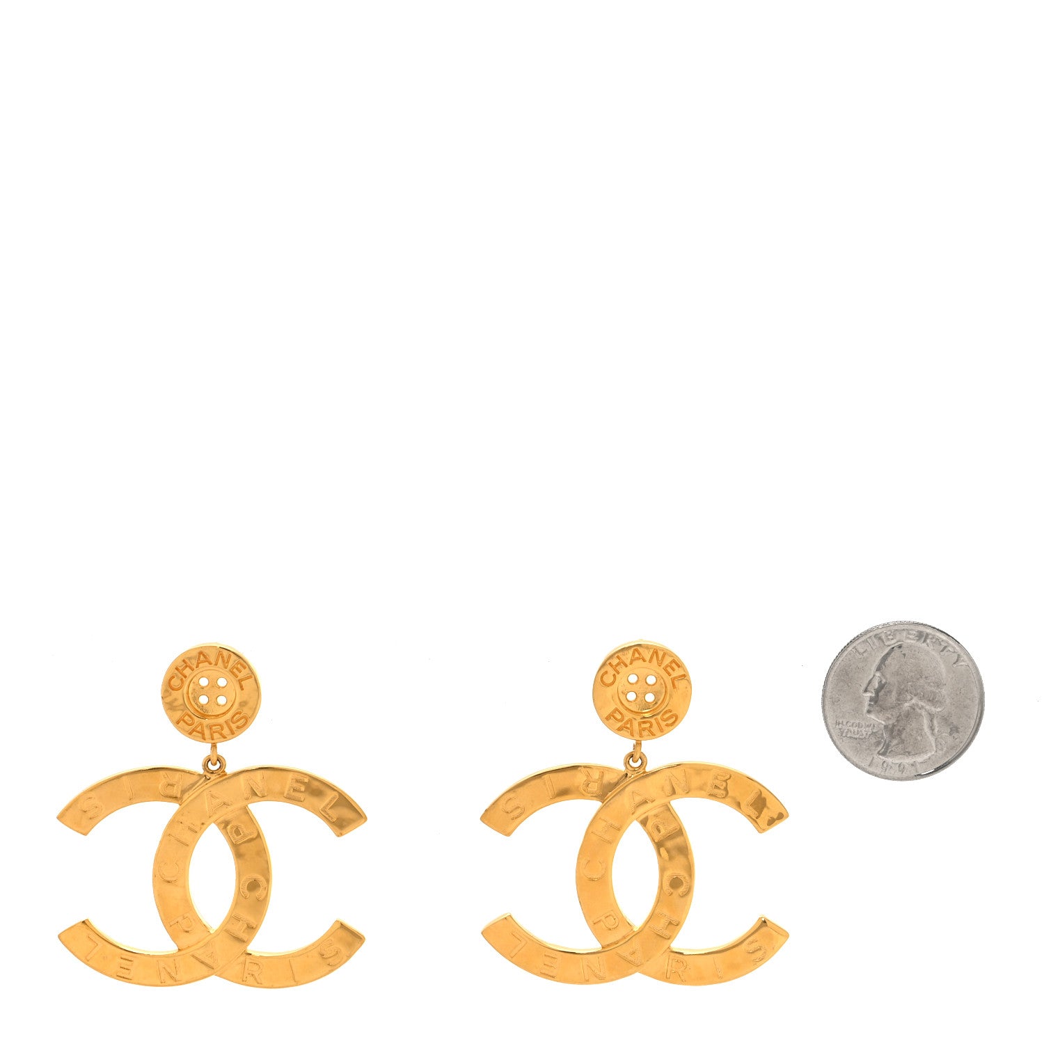 Chanel Metal Large Paris Button Earrings Gold 2 of 4