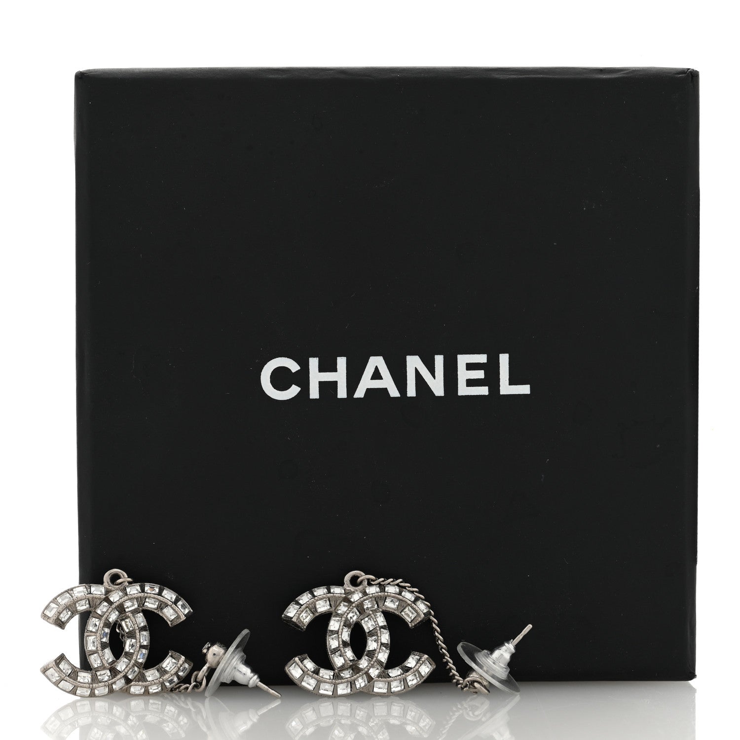 Chanel Crystal Baguette CC Drop Earrings Silver 5 of 5