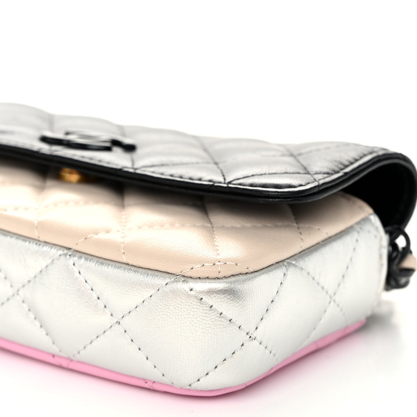 Lambskin Quilted Flap Phone Holder With Chain  Black Beige Multicolor