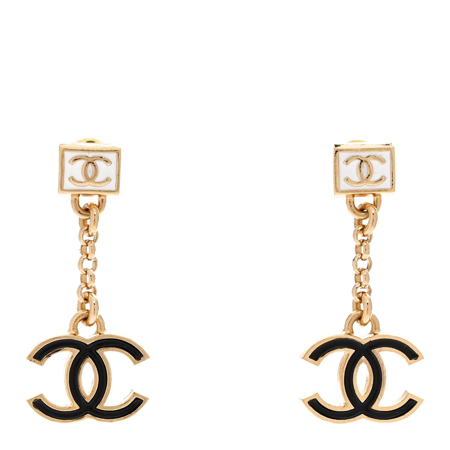 Metal Enamel CC Square Drop Earrings Black Gold White