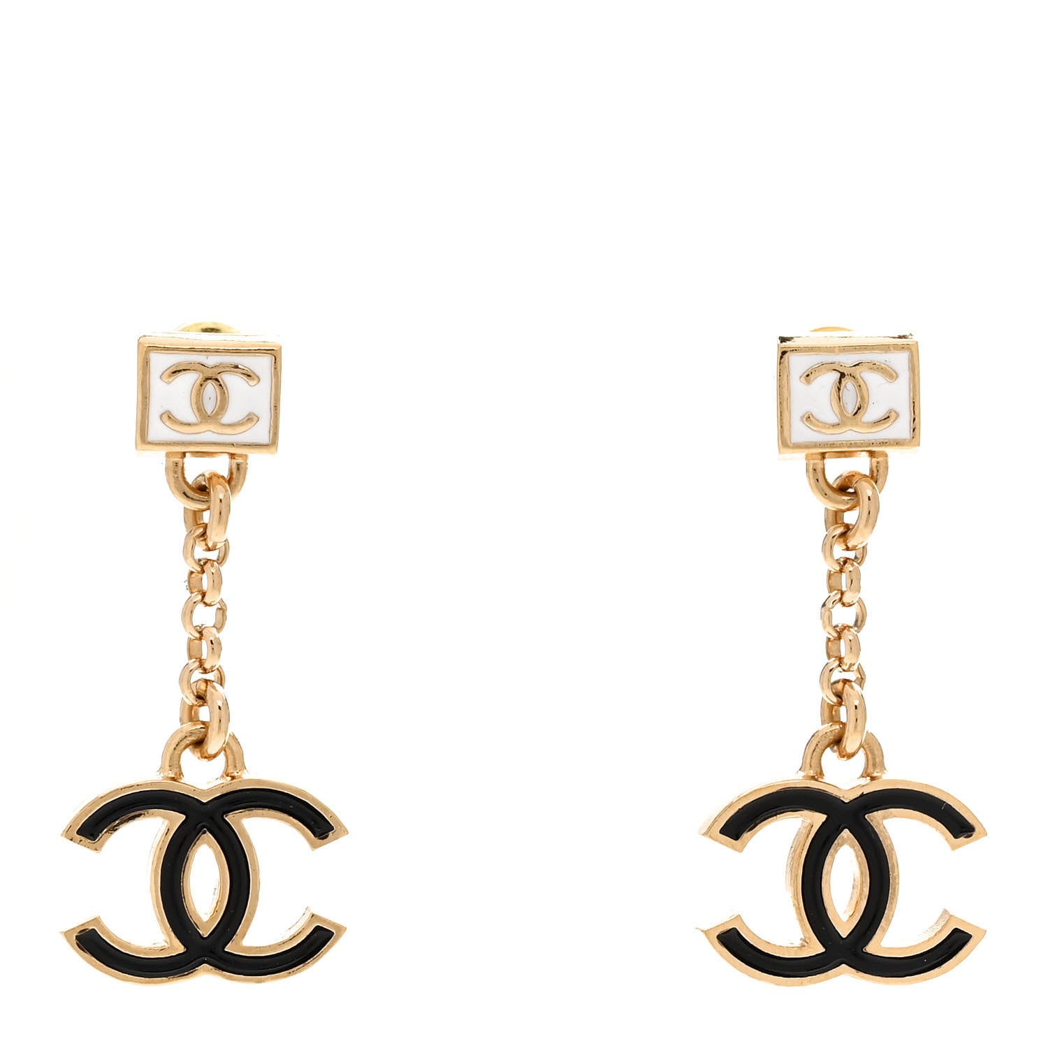 Chanel Metal Enamel CC Square Drop Earrings Black Gold White 1 of 5