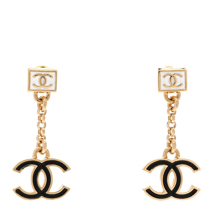 Chanel Metal Enamel CC Square Drop Earrings Black Gold White 1 of 5