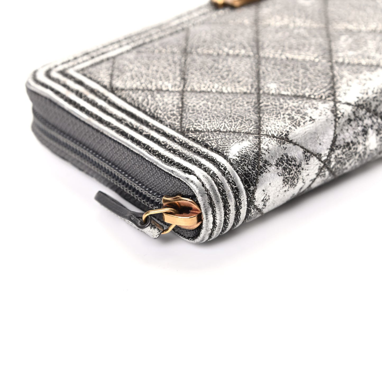 Cracked Metallic Calfskin Quilted Boy Long Zip Around Wallet Dark Silver