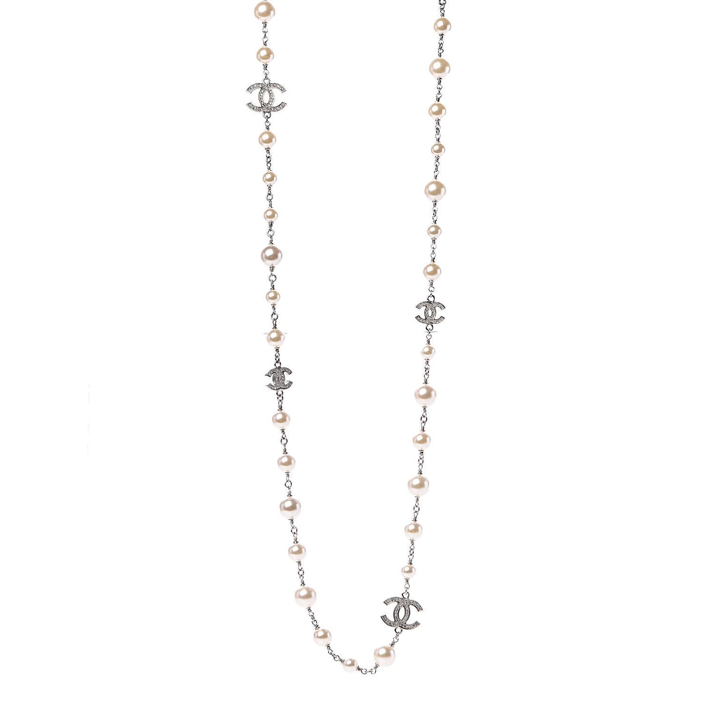 Crystal Pearl CC Long Necklace Silver