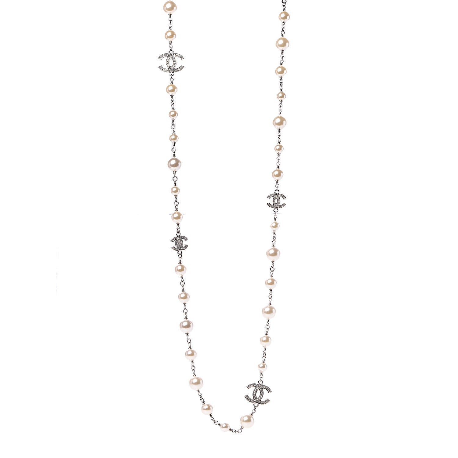 Chanel Crystal Pearl CC Long Necklace Silver 1 of 5
