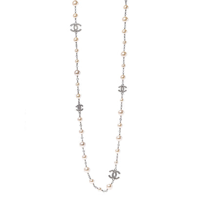 Chanel Crystal Pearl CC Long Necklace Silver 1 of 5