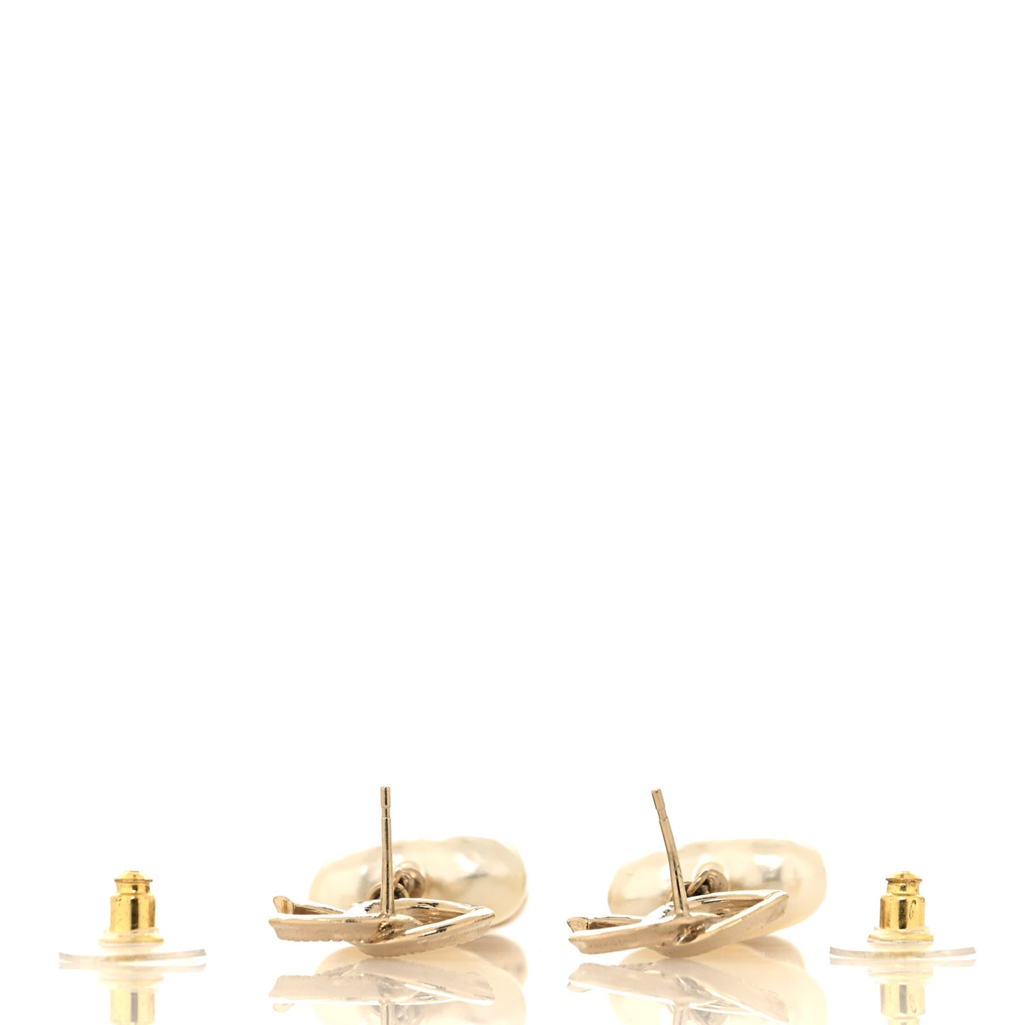 Metal Pearl CC Double Heart Drop Earrings Gold