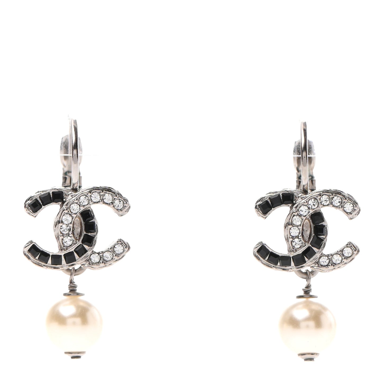 Baguette Crystal Pearl CC Drop Earrings Silver Black