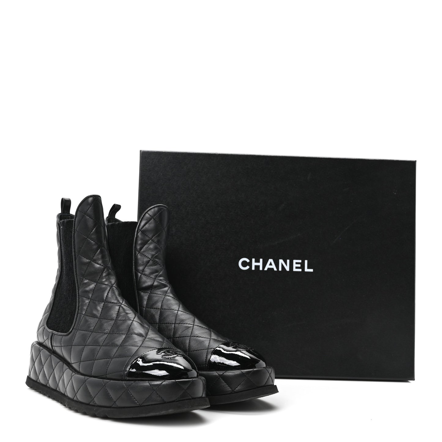 Lambskin Patent CC Cap Toe Quilted Short Platform Boots 39 Black
