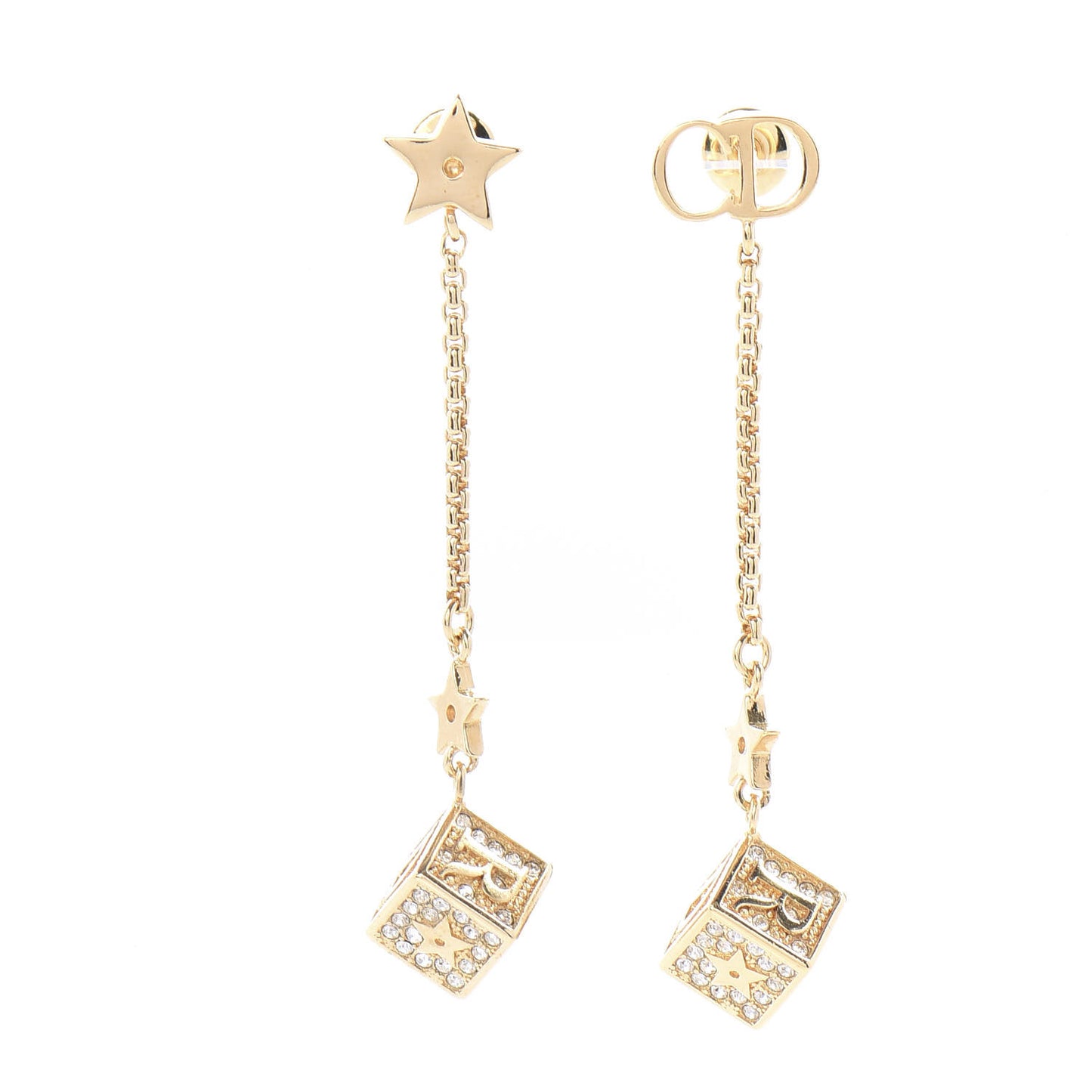 Crystal Star Dice Dangle Earrings Gold