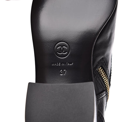 Chanel Calfskin Patent Cap Toe CC Lace Up Boots 37 Black 7 of 8