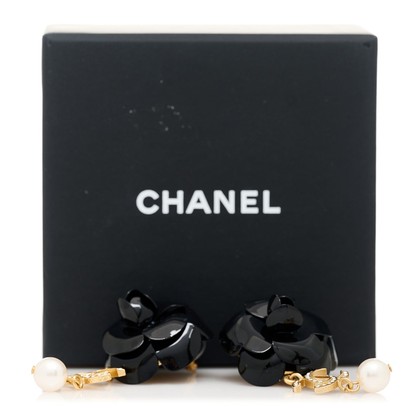 Enamel Crystal Pearl CC Camellia Drop Earrings Black Gold