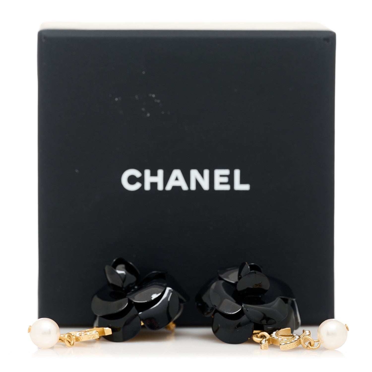 Chanel Enamel Crystal Pearl CC Camellia Drop Earrings Black Gold 5 of 5