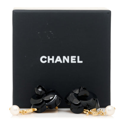 Chanel Enamel Crystal Pearl CC Camellia Drop Earrings Black Gold 5 of 5