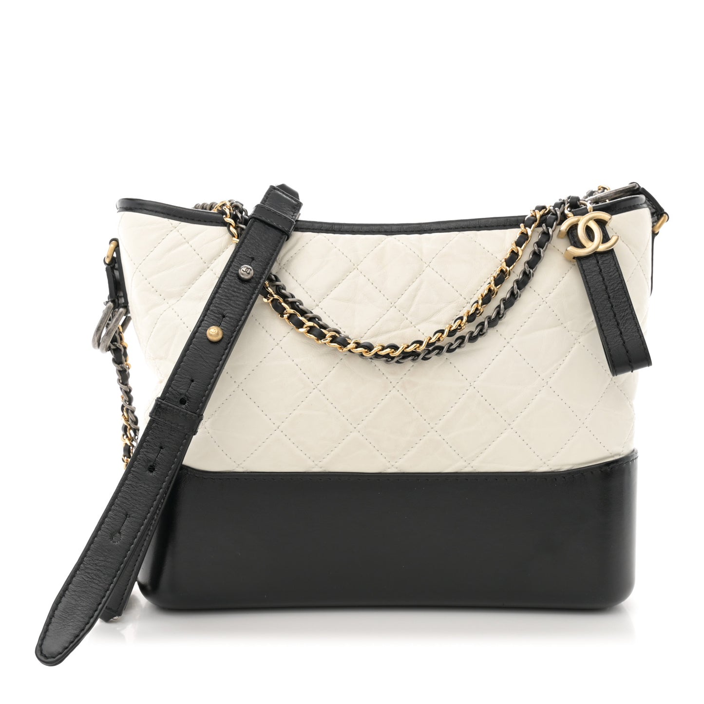 Aged Calfskin Quilted Medium Gabrielle Hobo Black White