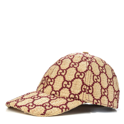 Gucci Raffia GG Monogram Elaphe Embroidered Aisha Baseball Hat M Ivory Bordeaux 1 of 7