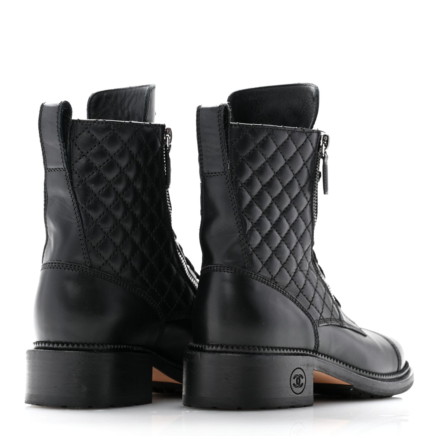 Calfskin Quilted Lace Up Combat Boots 38 Black