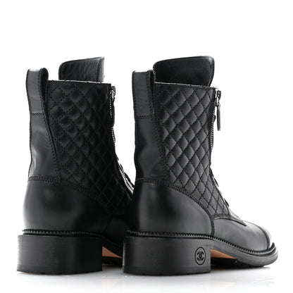 Chanel Calfskin Quilted Lace Up Combat Boots 38 Black 4 of 13