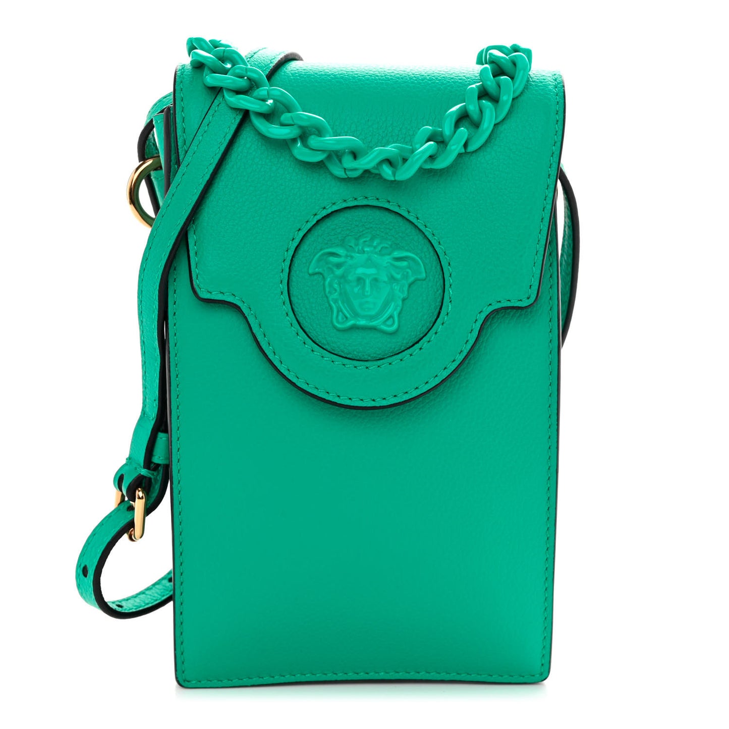 Calfskin La Medusa Chain Crossbody Phone Pouch Turquoise